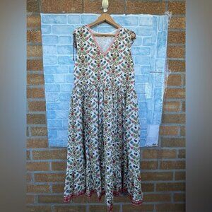 Pink chicken metallic tassel rose prints dress size large